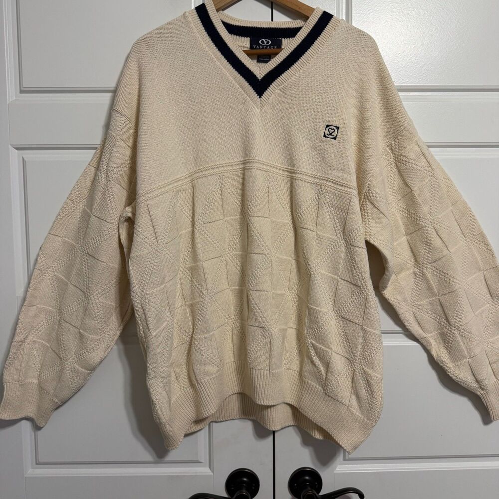 Vantage Vintage Cable Knit Sweater Mens XL Cream V Neck‎ Golf Tennis 90s - Picture 4 of 7